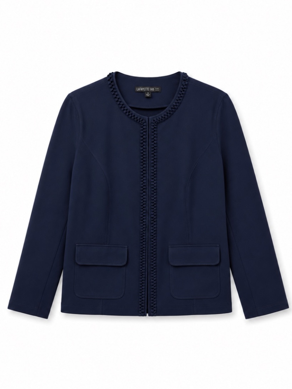 Lafayette 148 Navy Braided Trim Stretch Knit Hook-Front Jacket Size 16 Like New!